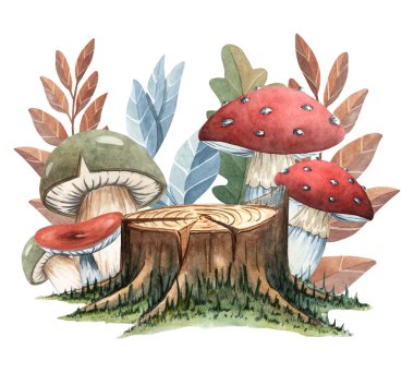 Mantarlı ve yapraklı bir orman kütüğünün suluboya çizimi. Köy dekorları, orman temaları, mevsimlik baskılar ve çocuk kitapları için harika..