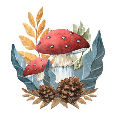 Mantar ve yaprakların suluboya çizimi. Köy dekorları, orman temaları, mevsimlik baskılar ve çocuk kitapları için harika..