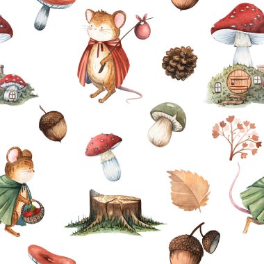 Fareler, tavşanlar, yapraklar, mantarlar ve dallarla suluboya kusursuz desen. Mevsimlik tebrik kartları, düğün davetiyeleri, baskılar için mükemmel. Beyaz arka planda elle boyanmış..
