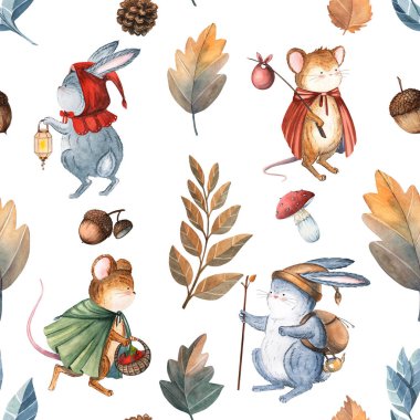 Fareler, tavşanlar, yapraklar, mantarlar ve dallarla suluboya kusursuz desen. Mevsimlik tebrik kartları, düğün davetiyeleri, baskılar için mükemmel. Beyaz arka planda elle boyanmış..