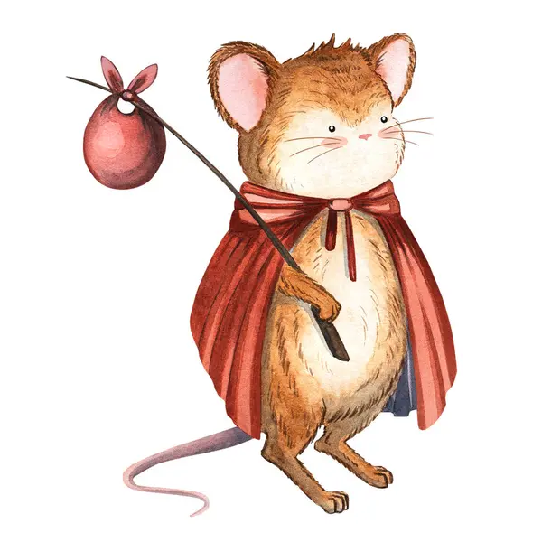 Kırmızı pelerinli şirin bir fare karakterinin suluboya çizimi. Çocuk dekorasyonu için elle boyanmış orman hayvanı, çocuk odası resimleri, tebrik kartları ve hikaye kitabı tasarımları..