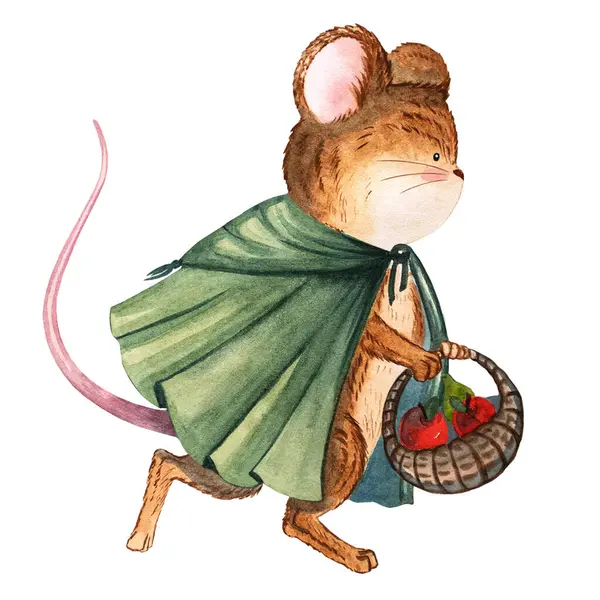 Yeşil pelerinli şirin bir fare karakterinin suluboya çizimi. Çocuk dekorasyonu için elle boyanmış orman hayvanı, çocuk odası resimleri, tebrik kartları ve hikaye kitabı tasarımları..