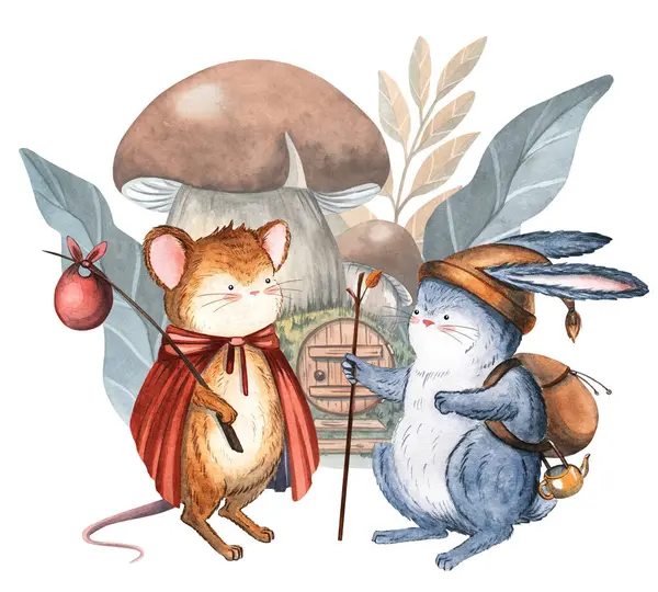 Fareli, tavşanlı ve mantarlı suluboya kompozisyonlar. Çocuk hikayeleri, tebrik kartları, çocuk odası dekorları ve tuhaf orman tasarımları için mükemmel..