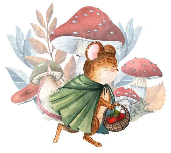 Fareler ve mantar evleriyle suluboya kompozisyonlar. Çocuk hikayeleri, tebrik kartları, çocuk odası dekorları ve tuhaf orman tasarımları için mükemmel..