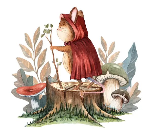 Orman yaprakları ve mantarlarla çevrili ağaç kütüğündeki bir farenin suluboya çizimi. Orman temaları, çocuk odası duvar sanatı ve tebrik kartları için ideal..