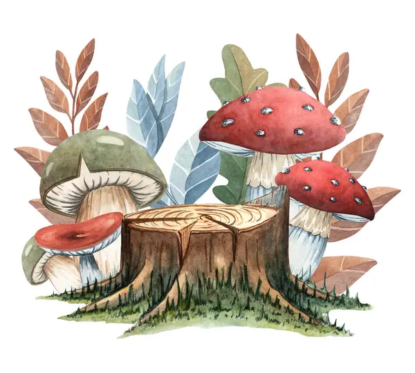 Mantarlı ve yapraklı bir orman kütüğünün suluboya çizimi. Köy dekorları, orman temaları, mevsimlik baskılar ve çocuk kitapları için harika..