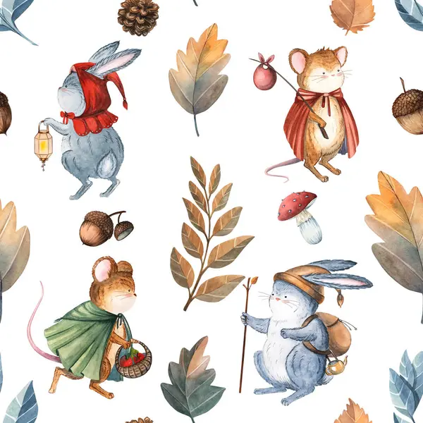 Fareler, tavşanlar, yapraklar, mantarlar ve dallarla suluboya kusursuz desen. Mevsimlik tebrik kartları, düğün davetiyeleri, baskılar için mükemmel. Beyaz arka planda elle boyanmış..