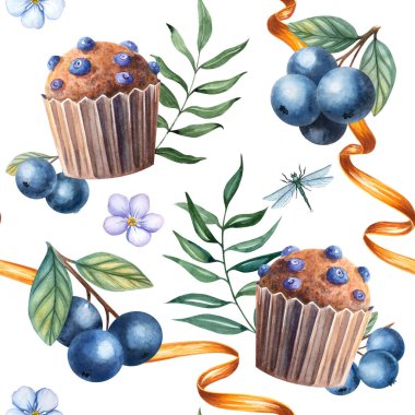 Suluboya kekleri, olgun yaban mersinleri ve küçük unutkanlıklar içeren kusursuz desenler. Kumaş, duvar kağıtları, ambalaj, dijital kağıt ve fırın temalı tasarımlar için mükemmel..