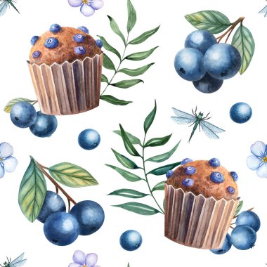 Üzerinde yaban mersinli, dikişsiz desenli el yapımı suluboya kek. Lezzetli bir tatlı ortamı, menü tasarımı için mükemmel, fırın ambalajı, kafe markası, ve tarif kartları..