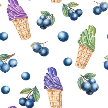 Kremalı dondurma külahları ve sulu yaban mersinleri içeren el yapımı dikişsiz desenler. Yaz ambalajı, kumaş tasarımı, çocuk ürünleri, dijital kağıt ve şeker markalaşması için ideal.