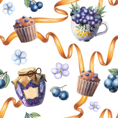 Suluboya kekler, reçel kavanozu, olgun yabanmersinleri ve küçük unutkanlıklar içeren kusursuz desenler. Kumaş, duvar kağıtları, ambalaj, dijital kağıt ve fırın temalı tasarımlar için mükemmel..