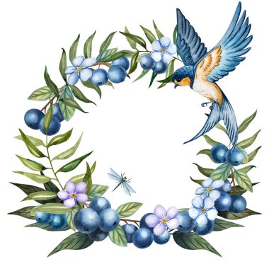 Uçuşta bir kırlangıç, yaban mersini, orman dalları ve zarif bir yusufçuk içeren zarif bir el yapımı çelenk. Mevsimlik davetiyeler, doğa temalı markalaşma, ambalaj ve romantik kırtasiye için ideal..