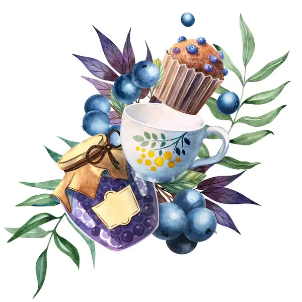 Ev yapımı reçel, seramik çay fincanı, olgun yabanmersini ve orman dallarıyla sıcacık suluboya hayat. Paketleme, mutfak baskıları, tebrik kartları ve yazlık ev temaları için mükemmel..