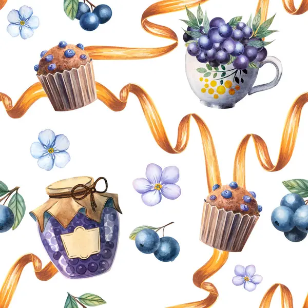 Suluboya kekler, reçel kavanozu, olgun yabanmersinleri ve küçük unutkanlıklar içeren kusursuz desenler. Kumaş, duvar kağıtları, ambalaj, dijital kağıt ve fırın temalı tasarımlar için mükemmel..