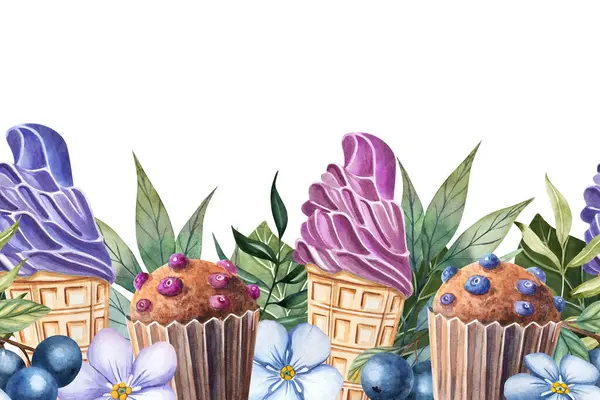 Mor dondurma külahları, yabanmersinli kekler, taze böğürtlenler, çiçekler ve yapraklarla suluboya olmayan sınır. Yaz yemeği paketleme, kumaş baskıları ve tatlı temalı tasarımlar için mükemmel..