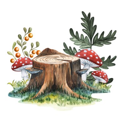 Mantarlı ve yapraklı bir orman kütüğünün suluboya çizimi. Köy dekorları, orman temaları, mevsimlik baskılar ve çocuk kitapları için harika..