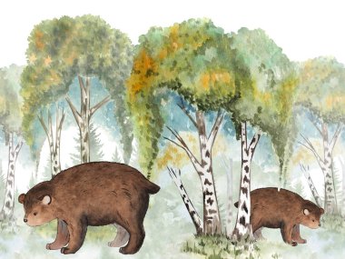 Rus Ormanı Dekoratif Sınırı. Arka planda atlayan tilkiler ve huş ağaçları var. Elle boyanmış suluboya Doğa, Slav Folkloru Peri masalından esinlenilmiştir.