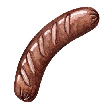 Izgara sosis. Kahvaltı ya da mangal için suluboya lezzetli et çizimi. Menü, kafe, mutfak dekorasyonu için beyaz arka planda elle boyanmış yiyecek objesi..