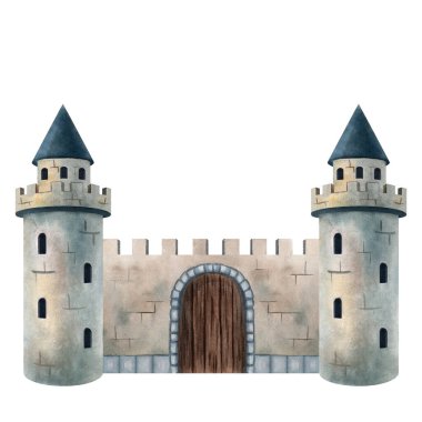 Ortaçağ taş şatosunun suluboya çizimi. Kuleleri ve ahşap kapılı. Çocuk kitapları, peri masalları, posterler, kartlar, davetiyeler, kupür defteri, dekor, oyunlar ve eğitim projeleri için mükemmel.
