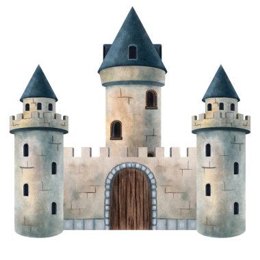 Ortaçağ taş şatosunun suluboya çizimi. Kuleleri ve ahşap kapılı. Çocuk kitapları, peri masalları, posterler, kartlar, davetiyeler, kupür defteri, dekor, oyunlar ve eğitim projeleri için mükemmel.