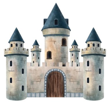 Ortaçağ taş şatosunun suluboya çizimi. Kuleleri ve ahşap kapılı. Çocuk kitapları, peri masalları, posterler, kartlar, davetiyeler, kupür defteri, dekor, oyunlar ve eğitim projeleri için mükemmel.