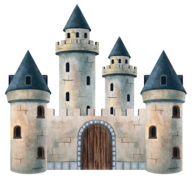 Ortaçağ taş şatosunun suluboya çizimi. Kuleleri ve ahşap kapılı. Çocuk kitapları, peri masalları, posterler, kartlar, davetiyeler, kupür defteri, dekor, oyunlar ve eğitim projeleri için mükemmel.