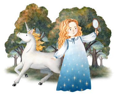 Büyülü ormanda tek boynuzlu at taşıyan bir prensesin suluboya çizimi. Çocuk kitapları, peri masalları, posterler, kartlar, davetiyeler, hatıra defteri, dekorasyon, çocuk odası ve oyunlar için mükemmel..
