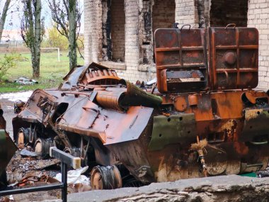 Kherson Ukraine 12. October 2022 Burned armored personnel carriers at the tertiary school