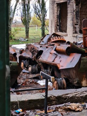 Kherson Ukraine 12. October 2022 Burned armored personnel carriers at the tertiary school