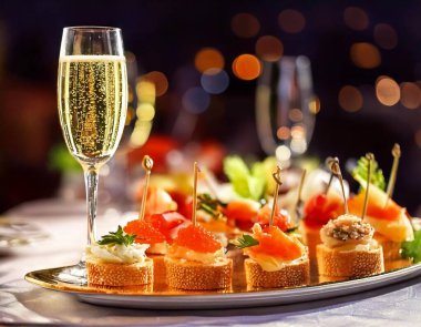 Şampanya bardakları, büyük bir şişe ve havyarlı ve somonlu şamdanlar.