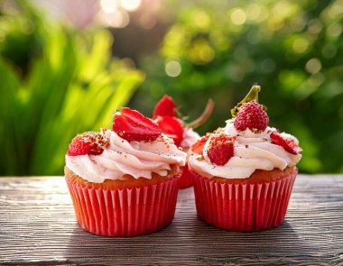 Üzerinde krem şanti ve taze çilek olan yumuşak çilekli çörekler..