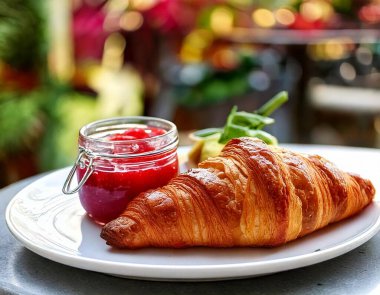 Tereyağı ve kırmızı bir kavanoz reçelle servis edilen altın gibi, pullu bir kruvasan..