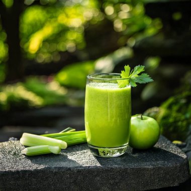 Ahşap bir masada fesleğen, kereviz ve salatalıklı yeşil smoothie..