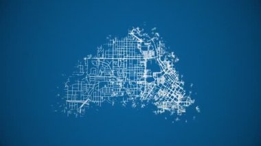 Mürekkep Atlanta City, Georgia, Amerika Birleşik Devletleri haritasının animasyonunu gösteriyor. Havadan görünüşlü. Taslak tarzı. Mavi arka planı olan beyaz çizgiler. 4K Kusursuz döngü.
