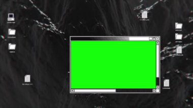 Animasyon arkaplanı, simgeleri ve pencereleri olan klasik bir bilgisayar ekranı arayüzü üzerinde bir pencere sekmesinden diğerine geçiş. Yeşil krom anahtar arkaplanı.