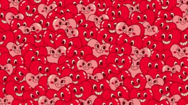 Parlak Pembe ve Kırmızı Gülümseyen Kalpler 'in hareketli arka planı. Gülümseyen kalp duvar kağıtları denizi. Sevgililer Günü kavramı, San Valentin, aşk, romantizm, kadınsı.