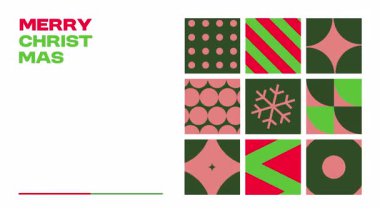 Mutlu noel animasyon dilekleri ve alfa kanalında giriş geçişi olan tebrik kartı. Geometrik soyut desenli Xmas Kutlaması. Kış tatili geçmişi.