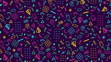 Geometrik şekilleri ve çizgileri olan eski model bir arka planın soyut 4k animasyonu. 80 'lerin Memphis tarzı. Mor, sarı, neon yeşili, cyan ve pembe renk paleti.
