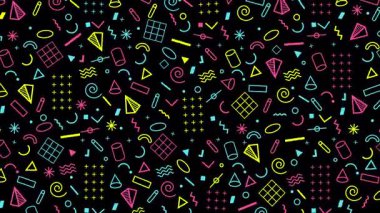 Geometrik şekilleri ve çizgileri olan eski model bir arka planın soyut 4k animasyonu. 80 'lerin Memphis tarzı. Siyah, sarı, cyan ve pembe renk paleti.