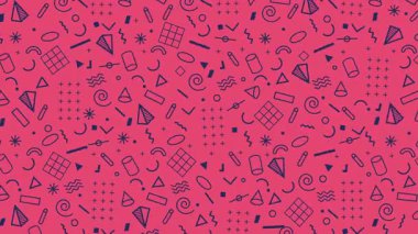 Geometrik şekilleri ve çizgileri olan eski model bir arka planın soyut 4k animasyonu. 80 'lerin Memphis tarzı. Pembe ve mavi renk paleti.