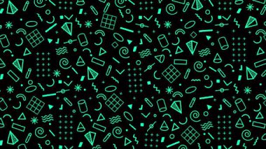 Geometrik şekilleri ve çizgileri olan eski model bir arka planın soyut 4k animasyonu. 80 'lerin Memphis tarzı. Siyah ve neon yeşil renk paleti.