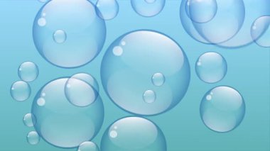Açık mavi zemin üzerinde yüzen farklı boyutlarda şeffaf kabarcıklar grubu. Kusursuz döngü.