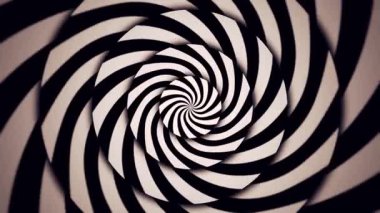 Psikedelik siyah ve beyaz çizgilerin optik sanat 4k animasyonu eşmerkezli dairelerin içindeki spiral üzerinde kıvrılıyor. Kusursuz döngü.