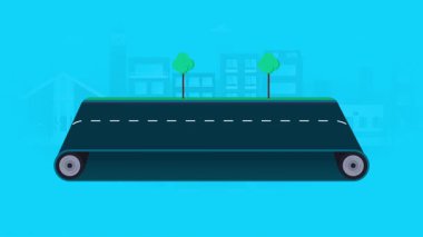 2d düz çizgi film stili Sonsuz yol ya da arka planda bir şehir olan sokak koşu bandı animasyonu. Toplu taşıma, şehir, otomotiv, sürüş eğitimi. Yan görüş. Kusursuz Döngü.