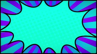 Çizgi roman arkaplan animasyonu. Kopyalama uzayı. Çizgi roman süper kahraman metni için arka plan. Klasik komedi çizgi film tasarımı konuşma baloncuğuyla renklendirilmiş arka plan. 4K çözünürlüğü.