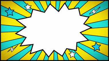 Çizgi roman arkaplan animasyonu. Kopyalama uzayı. Çizgi roman süper kahraman metni için arka plan. Klasik komedi çizgi film tasarımı konuşma baloncuğuyla renklendirilmiş arka plan. 4K çözünürlüğü.