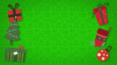 Animasyon Mutlu Yıllar ve Noel desenli arka plan tasarımları ve yanında Noel Elementleri dekorasyonları. Motion Christmas unsurları hareket duvar kağıdı düzenleme kart şablonu tasarımı.