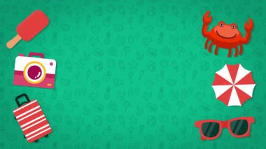 Animasyon Yaz Seyahati simgelerinin arka planında dekoratif elementler var. Güneş gözlüğü, dondurma, kamera, bavul, şemsiye, yengeç. Seyahat kağıdı düzenleme kart şablonu tasarımı.