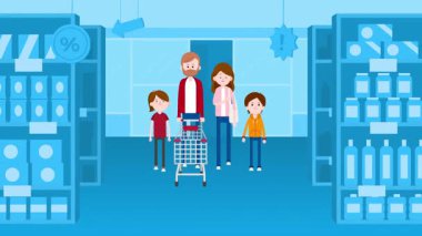 Süpermarkette yürüyen ve alışveriş yapan ebeveynlerin ve iki çocuğun mutlu aile animasyonu. Birliktelik. Alışveriş aile hafta sonu.