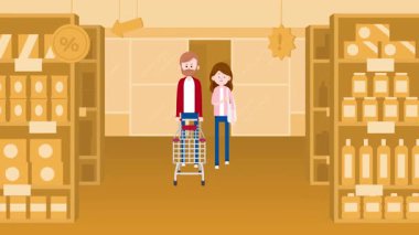 Süpermarkette yürüyen mutlu çiftin animasyonu. Marketten alışveriş yapan pozitif erkek ve kadın. Alışverişi seven çiftler, alışveriş merkezinde birlikte eğleniyorlar..